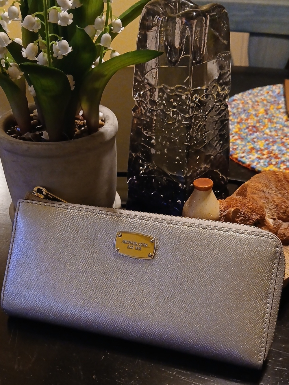 Michael Kors Metallic Silver Zip Wallet with Gold Plate